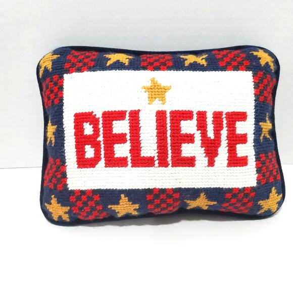 Mini Needlepoint Believe Holiday Accent Pillow Blue Velour Back NO TAG 8"x6" - Picture 1 of 9